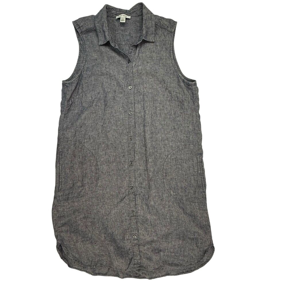 Pure Navy 100% Linen Sleeveless Shirt Dress Women Large Blue Classic Nautical